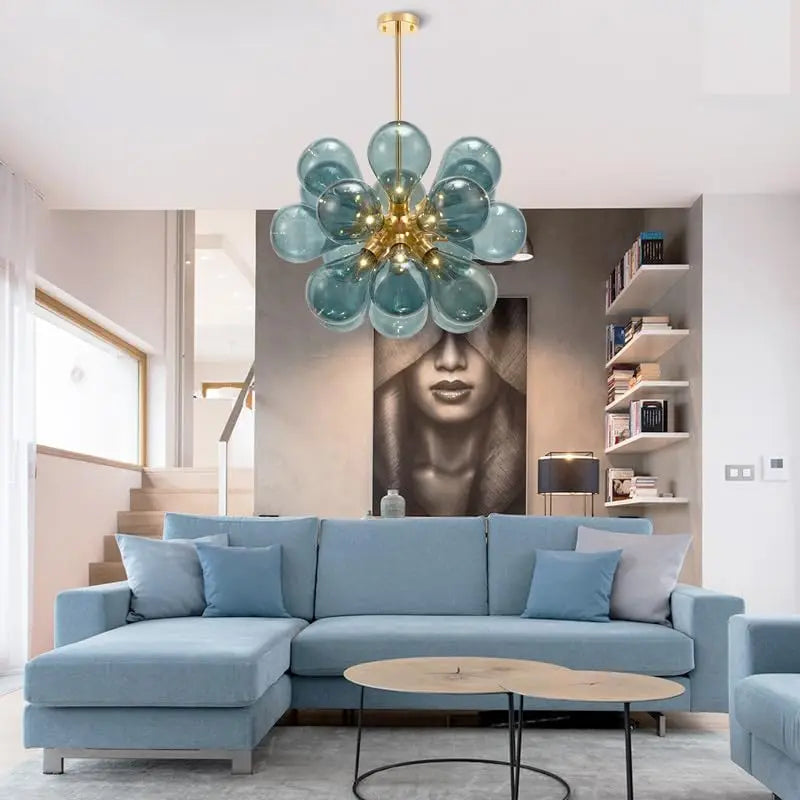 Modern Blue Glass Bubble Ball Chandelier Light - Decorative Ceiling Pendant Lighting Fixture for Living Room, Bedroom & Dining Room