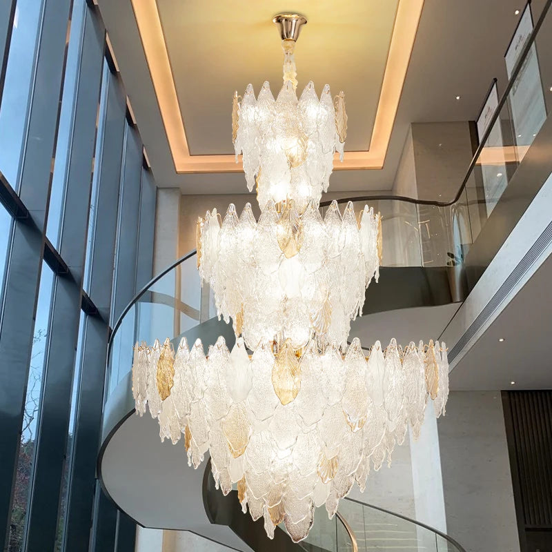 Villa Chandeliers Duplex Ceiling Living Room Lamps Creative Leaves Ginkgo Leaves Crystal Glass High-end Wholesale Pendant Lamps