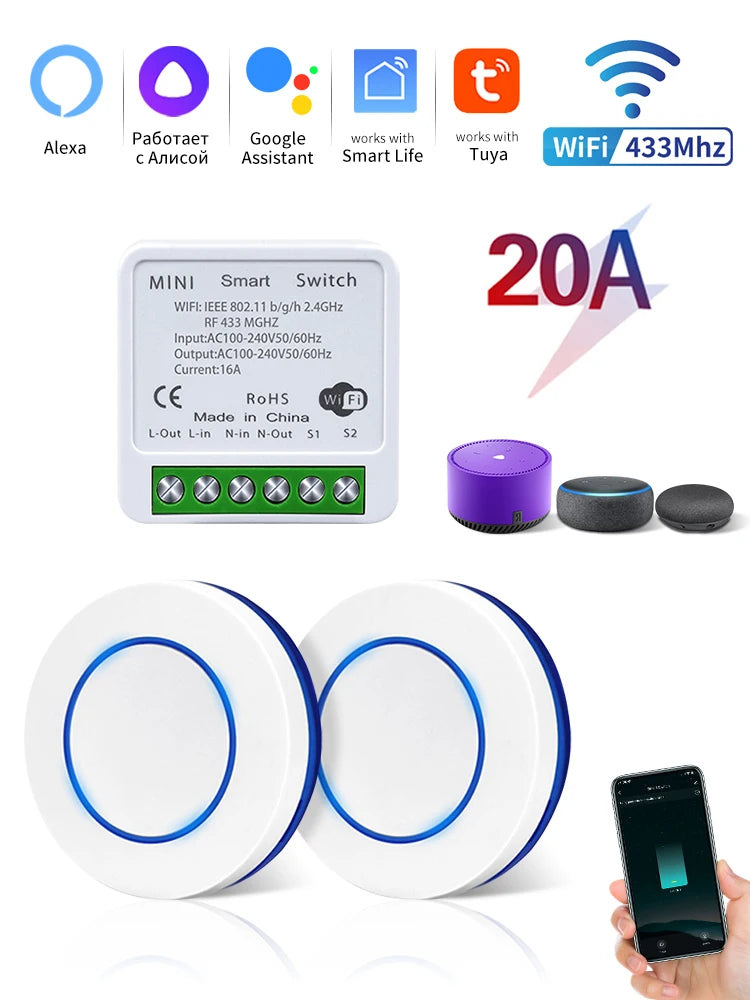 Tuya WiFi Smart Switch 16A - RF 433MHz Remote Relay Receiver Kit