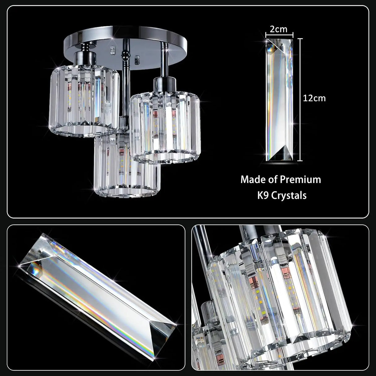 Modern Semi Flush Mount Ceiling Light, 3-Light Crystal Gold Close to Ceiling Fixture, Clear Crystal Shade for Kitchen Hallway Ba