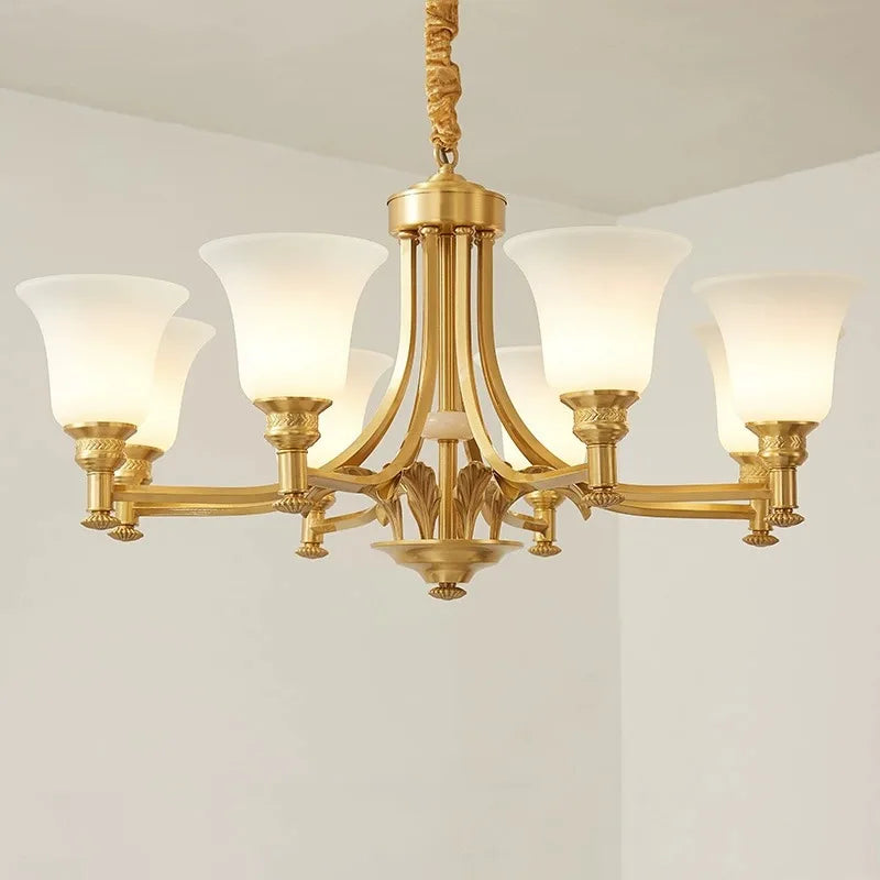 Solid Brass Chandelier with Glass Shades - 3-Color LED Luxury Dining Room Light