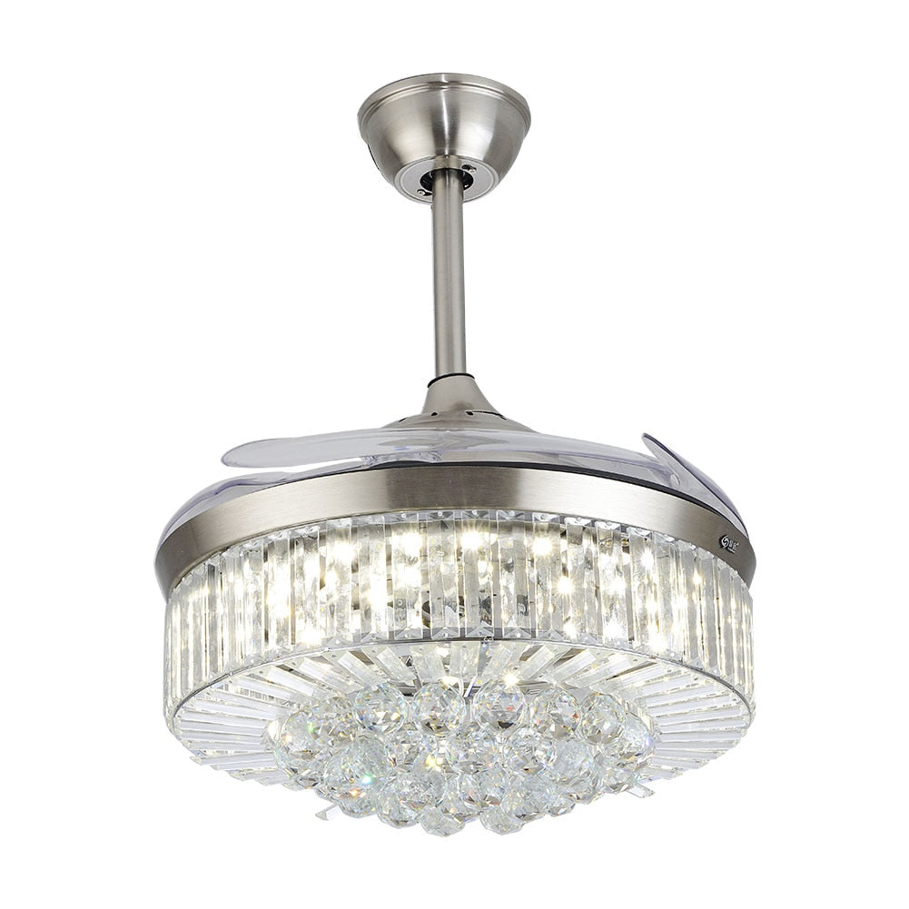 Modern Dimmable Fandelier Crystal Ceiling Fan with Lights and Remote Invisible Retractable Chandelier Fan Light LED Lighting