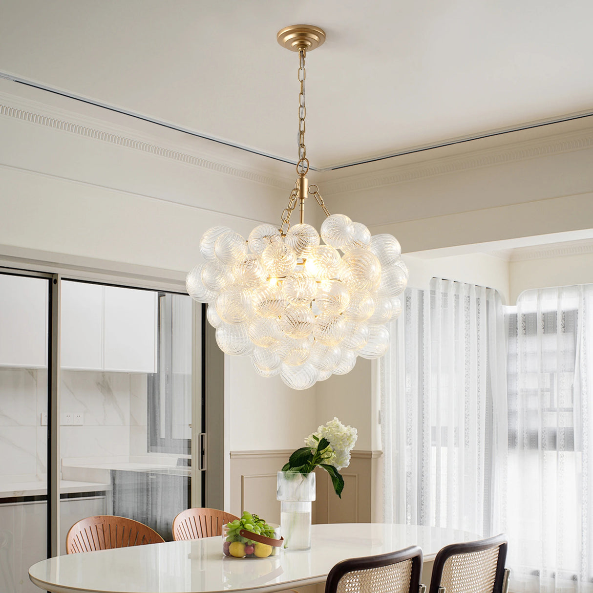 20-Inch Gold Pendant Light Chandelier with Threaded Clear Glass Globe Shade Adjustable Height (No Bulbs)