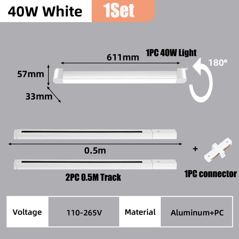 112CM LED Track Light Rail Set (40W/80W) - AC 85-264V Floodlight Spotlight Ceiling Lamp for Clothing Store & Living Room