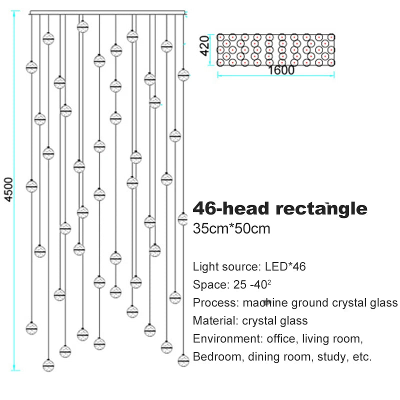 LED Villa Staircase Pendant Lights Long Cable Hanging crystal glass ball droplight for Restaurant Bar Indoor Decorative