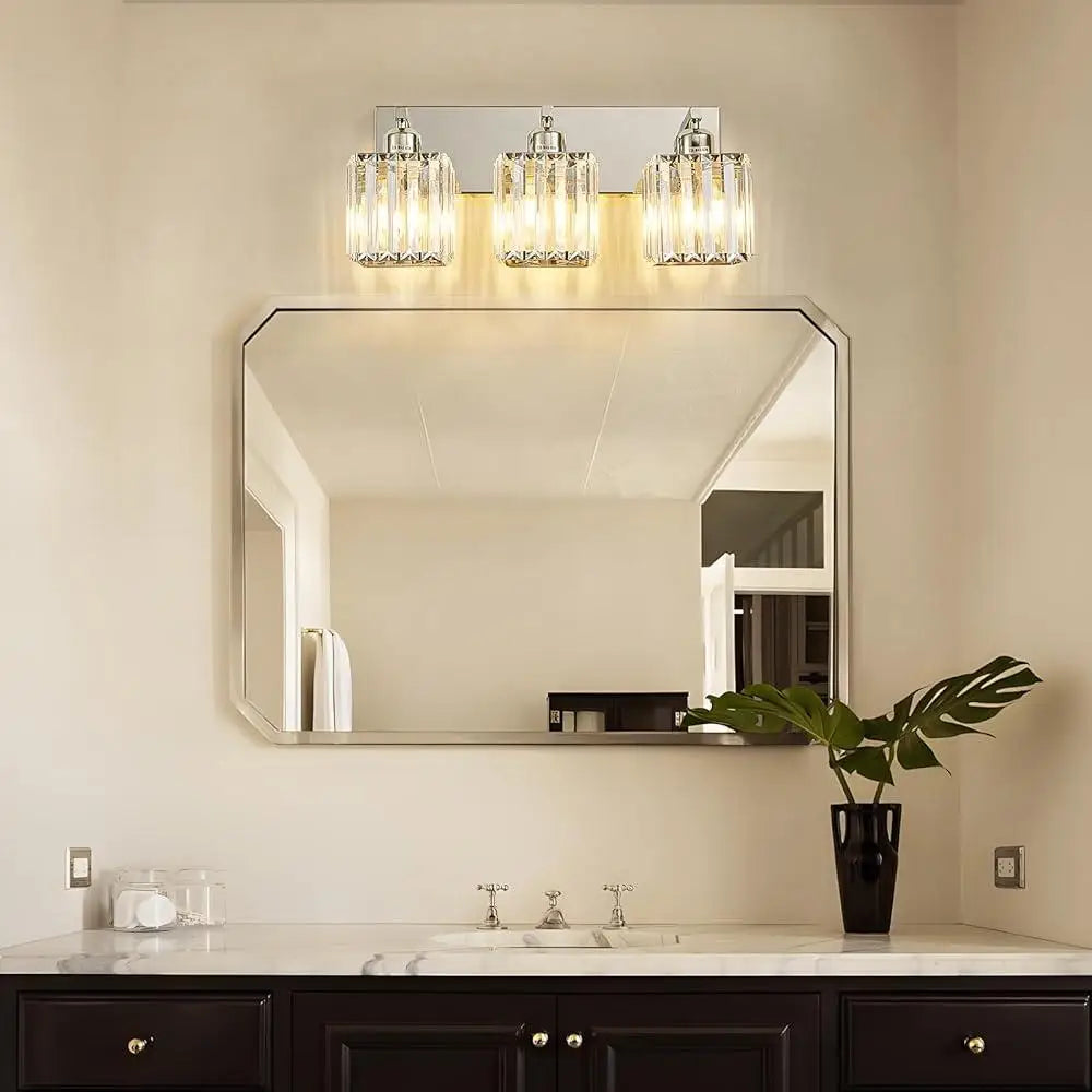 Modern Bathroom Vanity Light Fixture 3-Light Chrome Crystal Lighting Over Mirror Dimmable E26 Compatible Easy Install Home