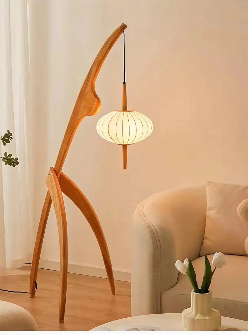 New Chinese Wabi-Sabi Solid Wood Floor Lamp - Creative Retro Standing Light Fixture for Living Room, Study & Bedroom