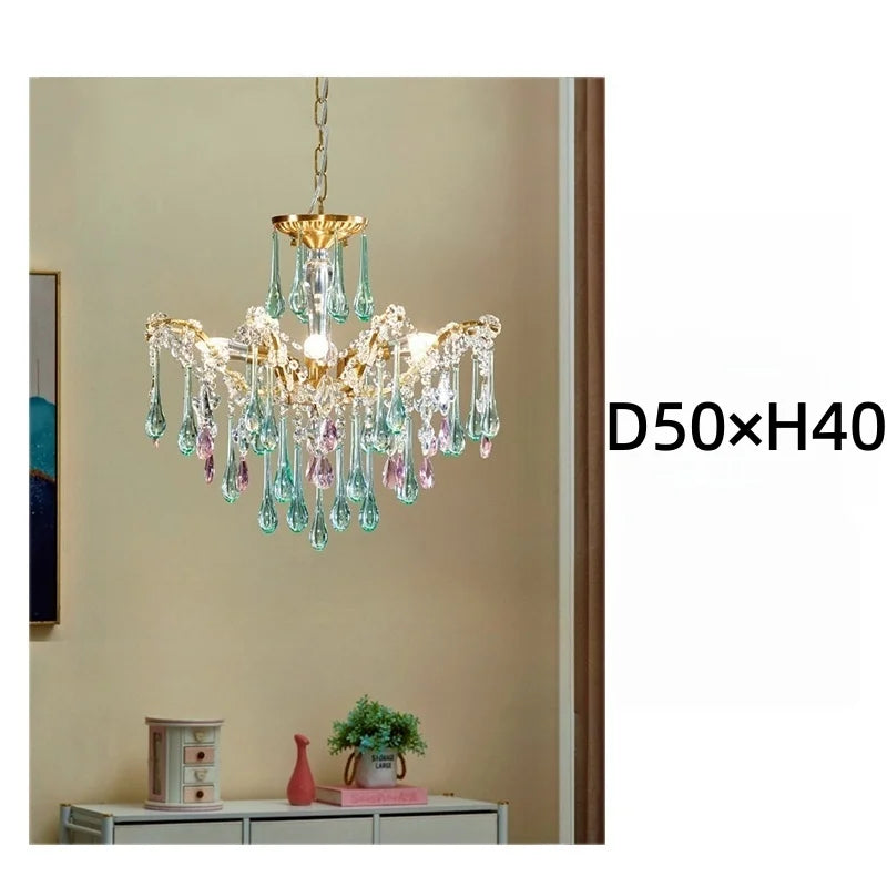 French Style Romantic Pink Green Crystal Pendant Lamp Colored Glass Full Copper/Iron Led Ceiling Light Living Room Bedroom Study