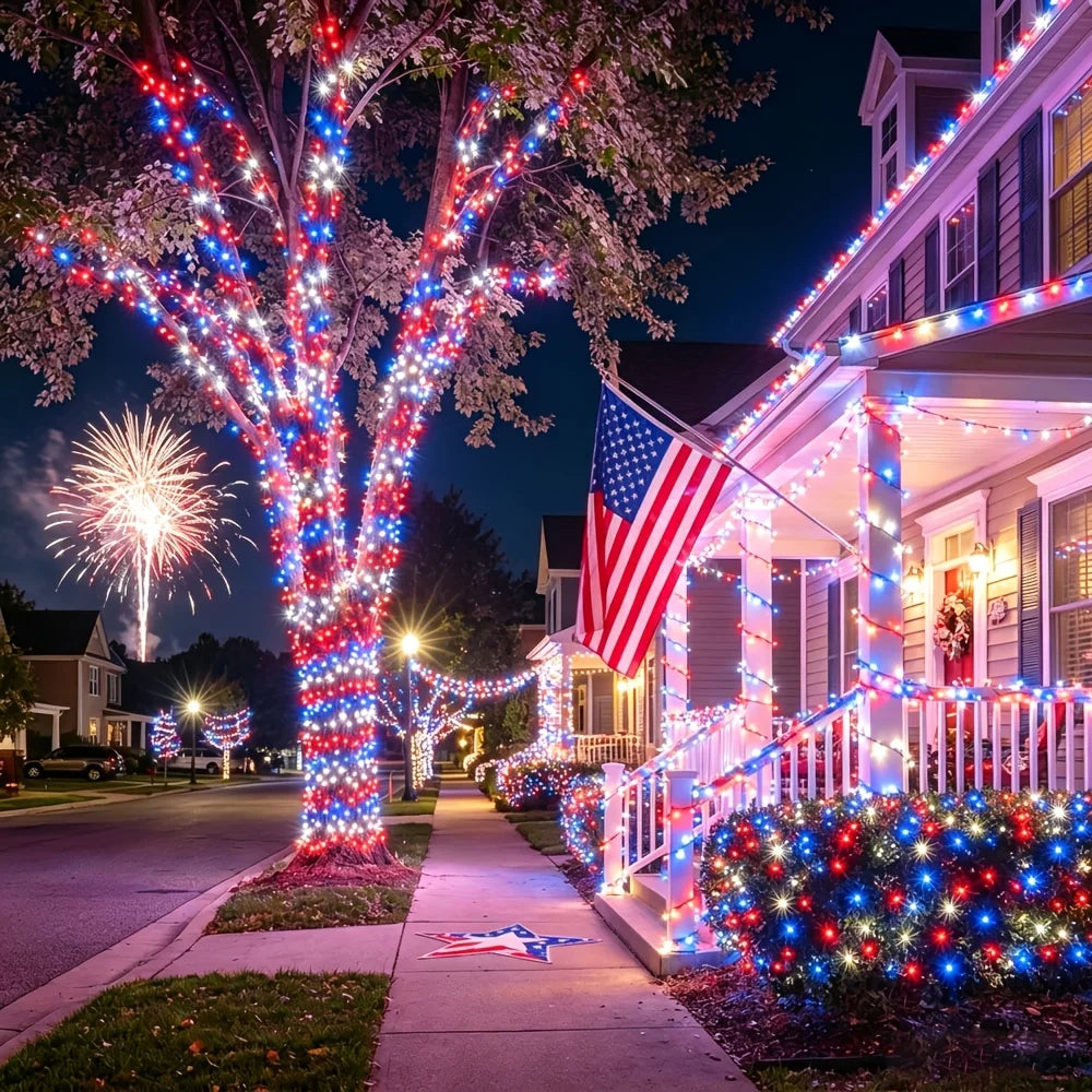 Patriotic Red White Blue LED String Lights - Solar Powered 4th of July Decor