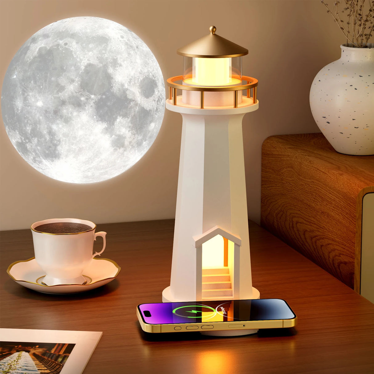 Rechargable Moon Lighthouse Projector Night Light with Full Moon Projector Moon Lighthouse Lamp for Kids Boys Girls Gift Decor