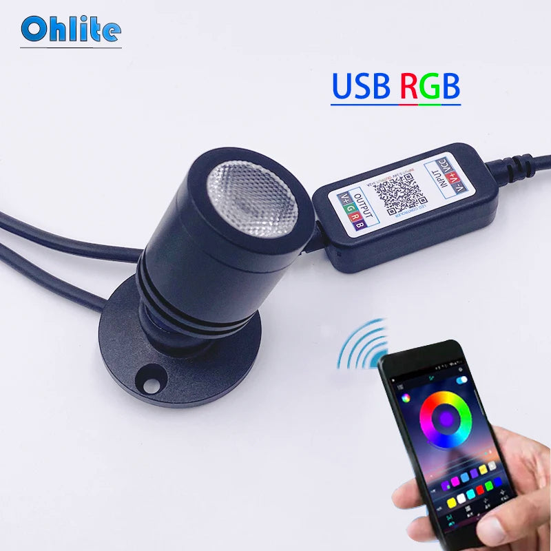 Smart Bluetooth App Control RGB LED Spotlight (USB 5V, 1W/3W) - Mini Ceiling Accent Downlight in Black, White & Silver