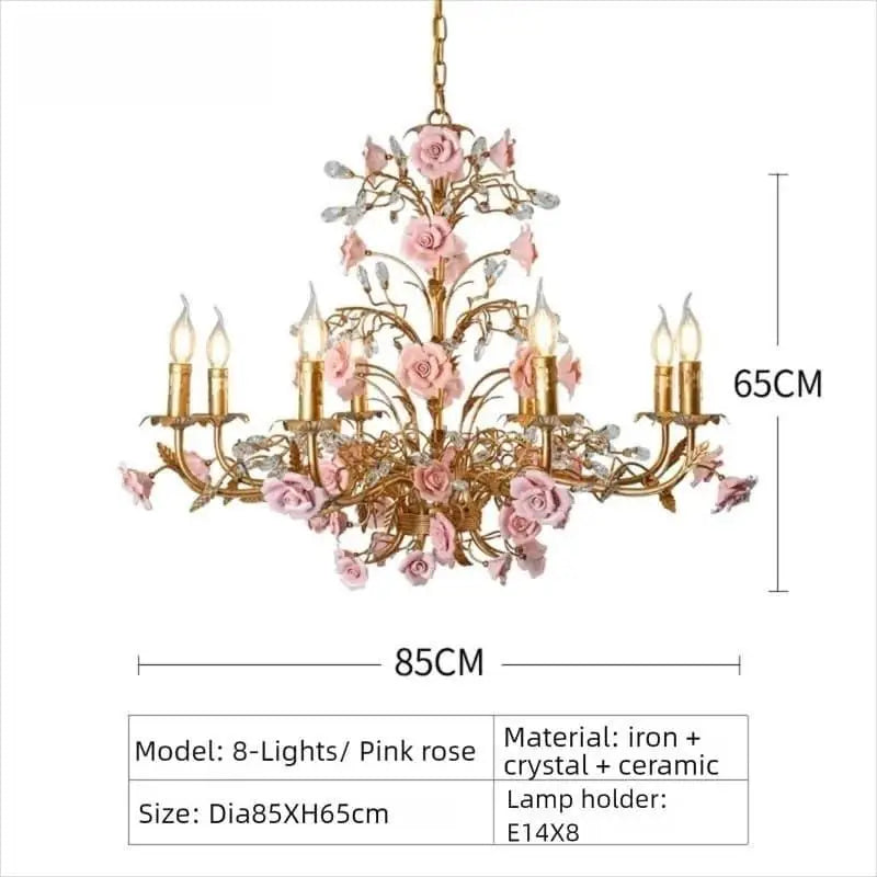 Pink Red Ceramic Rose Chandelier Luxury French Gold 5 Lights Chandelier Bedroom Lighting 6/8/10 Living Room Hanging Lights