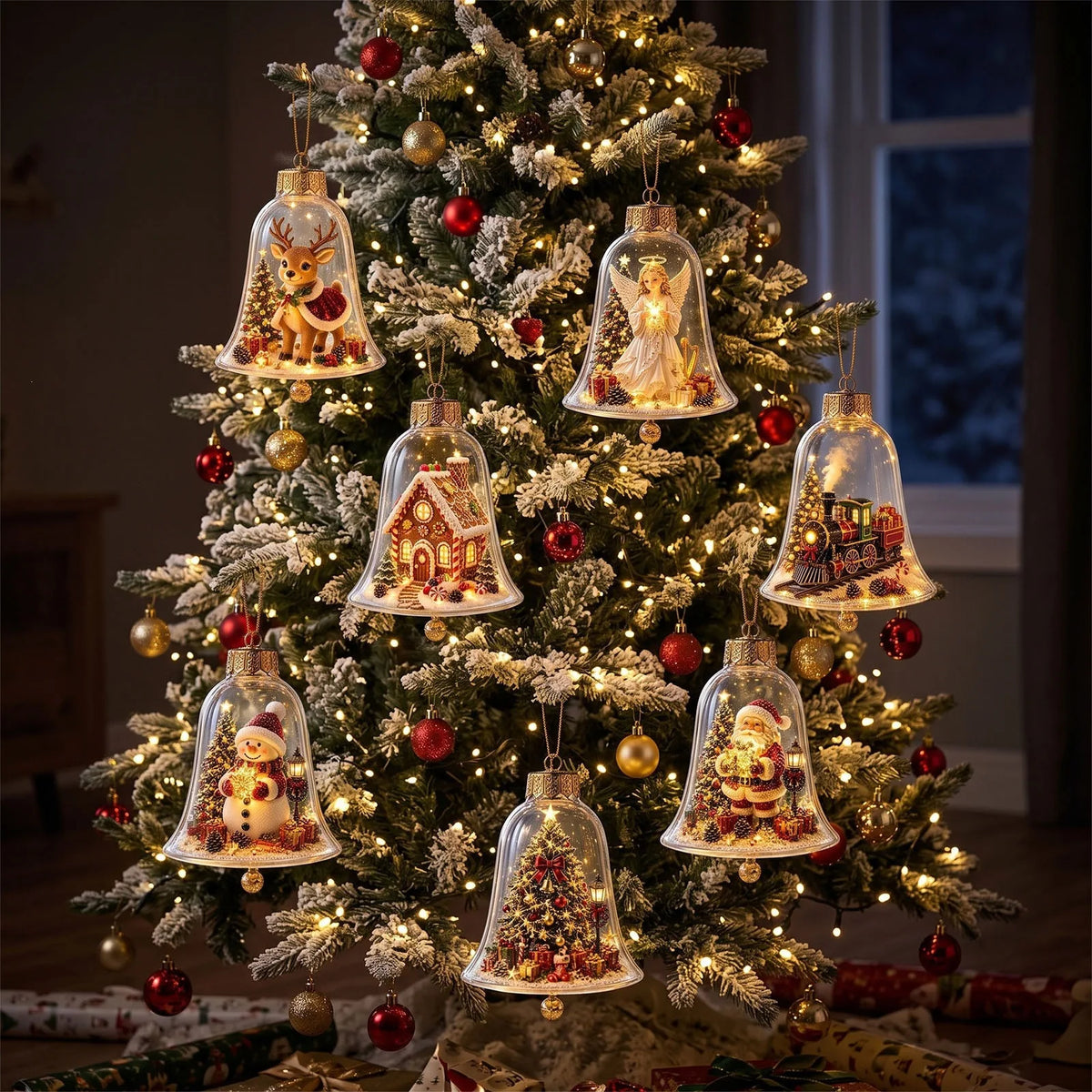 Acrylic Christmas Bell Ornament Decoration 3D Snow Globe Santa Snowman Ball Hanging Xmas Tree Pendant Christmas Party Decoration