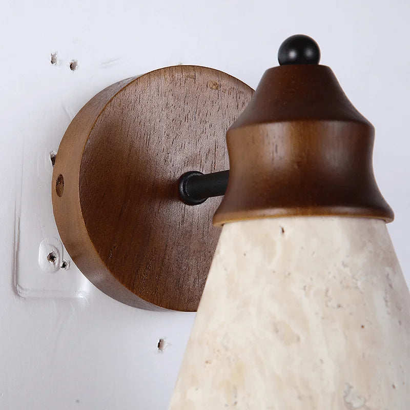 Natural Yellow Travertine Stone Wall Sconce Lamp - Classical LED Wall Light Fixture for Bedroom Bedside, Living Room & Home Decor