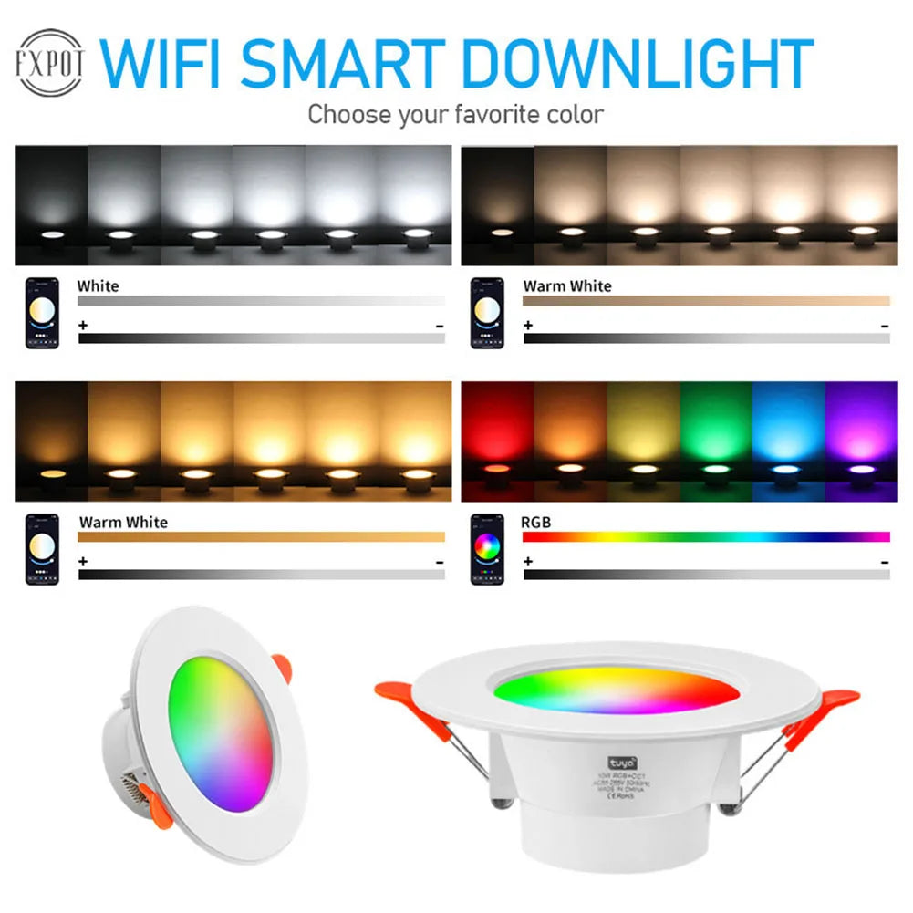 10W Smart LED Recessed Downlight (Bluetooth Control, RGB + 2700K-6500K) - App-Controlled Dimmable Color-Changing Ceiling Spotlight Lamp for Home Lighting