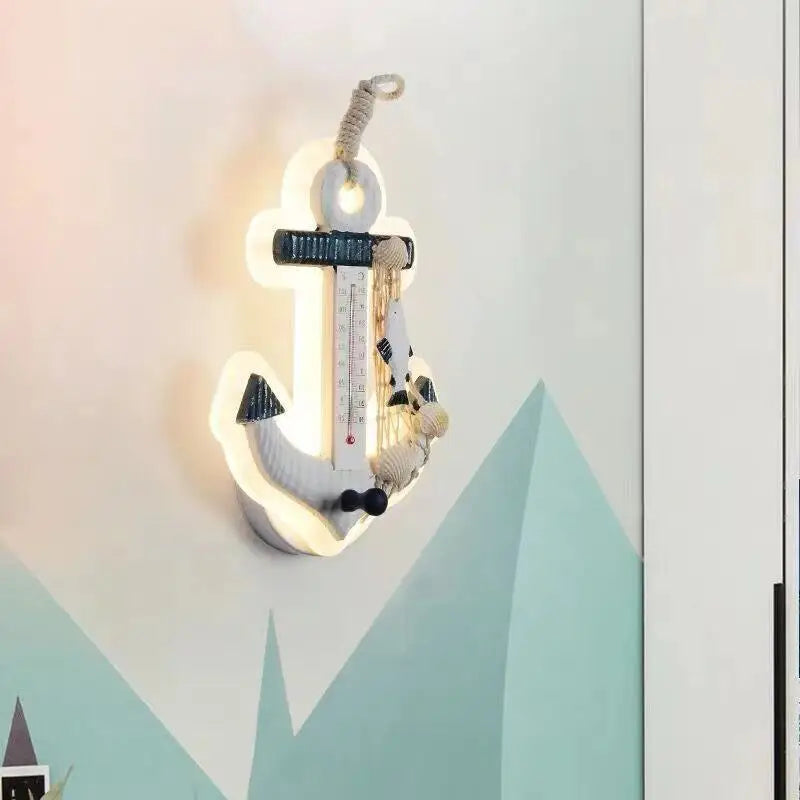 Mediterranean Style Wall Lamp Rudder Boy Children Room Anchor Decoration Bedside Light 27W LED Acrylic Wood Cartoon Sconce Light