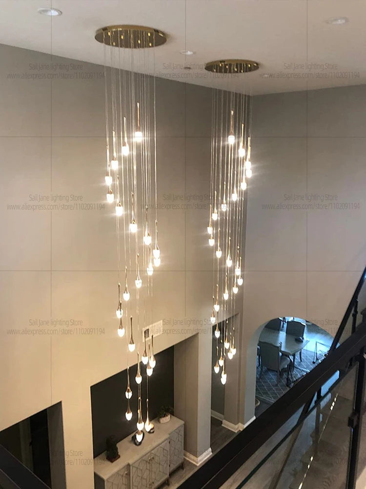 Nordic Minimalist Crystal Raindrop Pendant Light LED Staircase Chandelier For High Ceiling Villa Duplex Home Decor Living Room