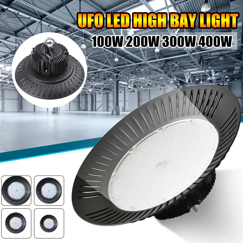 UFO LED High Bay Light (100W/200W/300W/400W) AC85-265V - Industrial Overhead Lamp for Warehouse, Workshop, Garage & Stadium