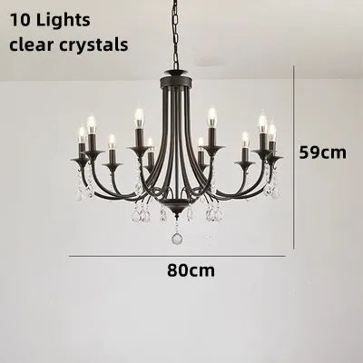 New Wrought Iron Crystal Chandelier European Classic Black Candle Lamp Modern Living Room Kitchen Dining Table Hanging Lamps