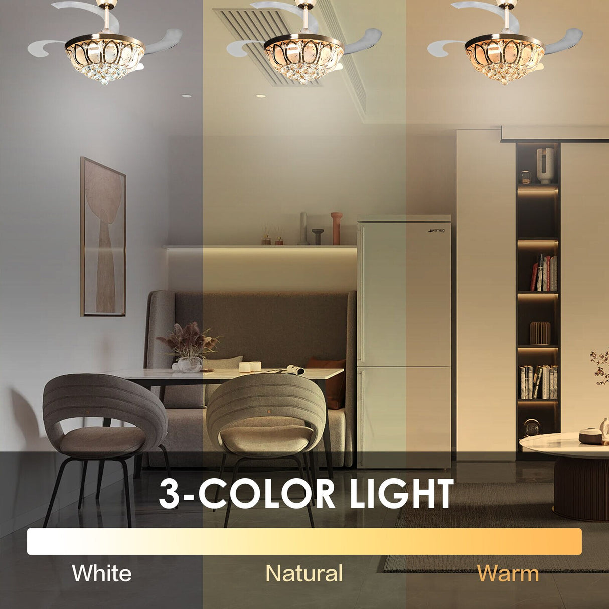 K9 Crystal Retractable Ceiling Fan Light Luxury LED Chandelier Lamp with Remote Control&4 Invisible Blades Golden