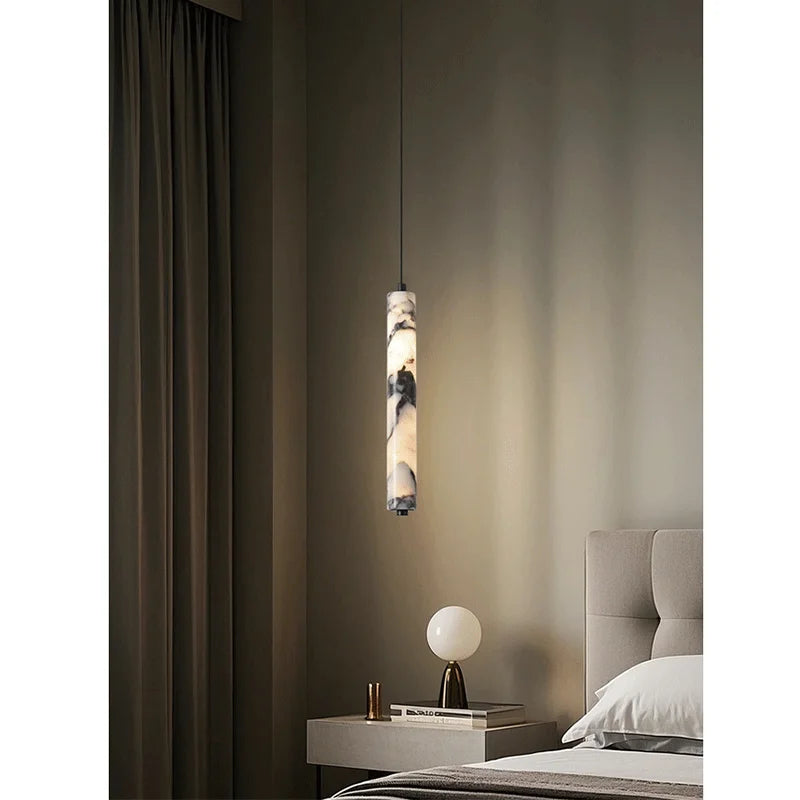 Luxury Black Cylinder Natural Stone Pendant Lamp High-end Bedside LED Chandelier Living room Decoration Home Hanging Lights
