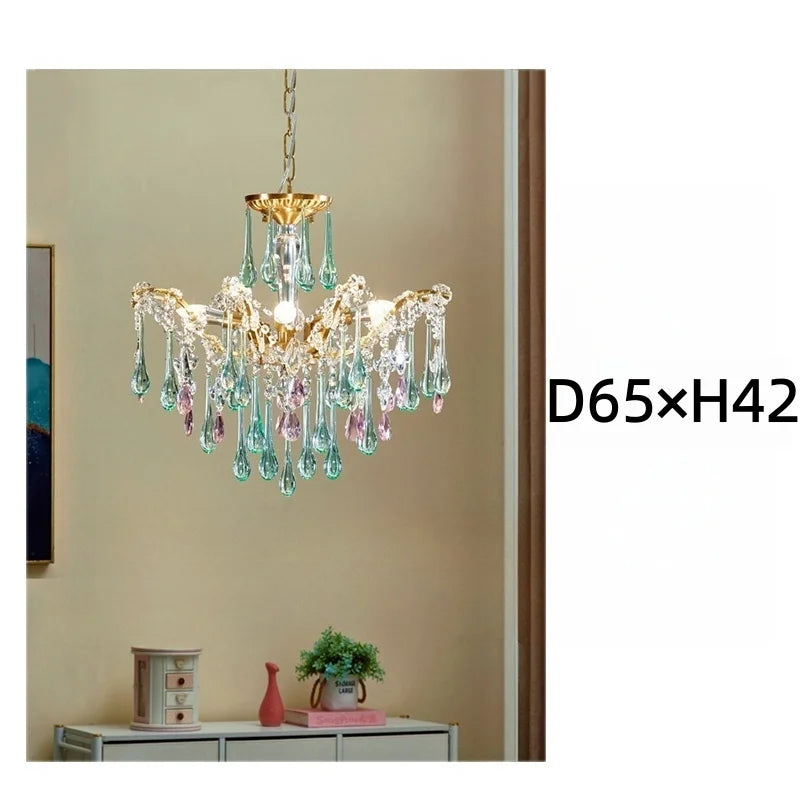 French Style Romantic Pink Green Crystal Pendant Lamp Colored Glass Full Copper/Iron Led Ceiling Light Living Room Bedroom Study