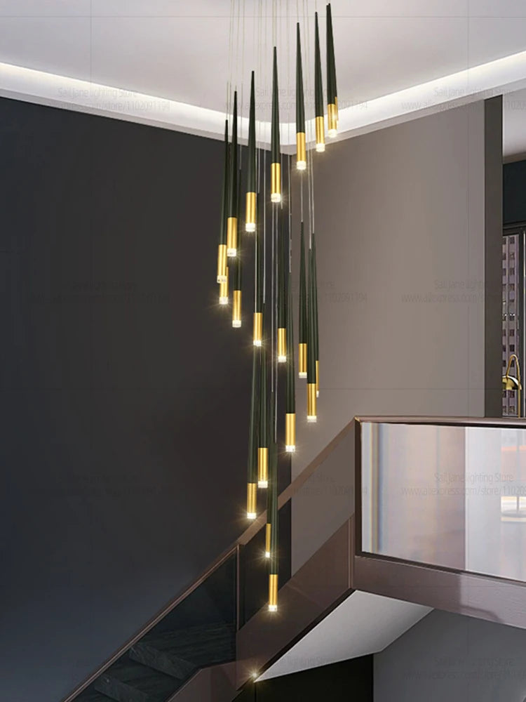 New Luxury Chandelier Nordic Conical Light Modern Living Room Duplex Attic Long Pendant Light Villa Staircase LED Pendant Light