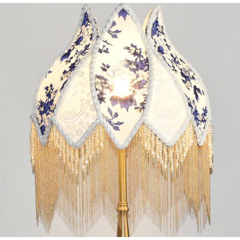 Home French Retro Blue And White Porcelain Floral Lampshade With Pearl Tassel Luxury Desk Lamp Shade Floor Pendant Light