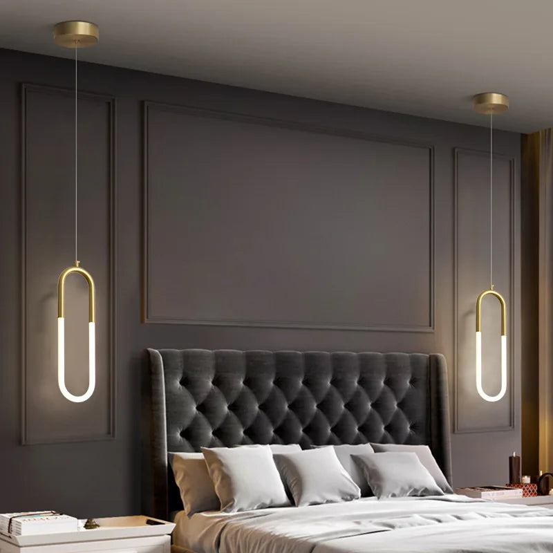 Brass U-Shaped Tube LED Pendant Light - Modern Long-Line Bedside Hanging Lamp