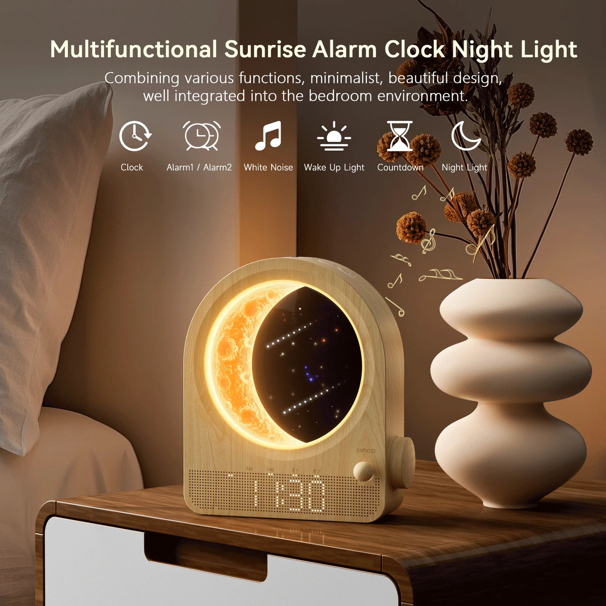 Sunrise Alarm Clocks for Bedrooms, Stepless Dimmable Moon Lamp Dual Alarm Clock with 12Levels Volume for Heavy Sleepers, 10 Natu