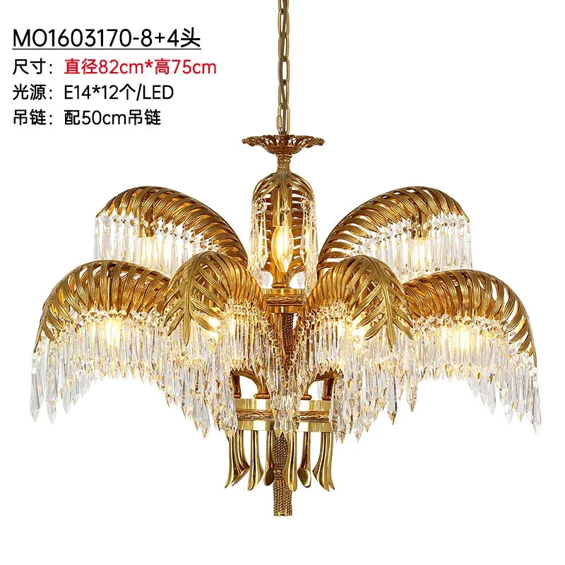 Hand Carving Gold Brass Hanging Pendant Lights Villa Living Room Luxury Crystal Palm Chandelier