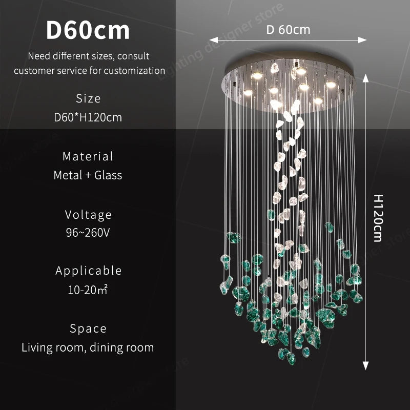 Dining Room Chandeliers Duplex Villa Hall Hanging Lamp Luxury Living Room High Ceiling Green Stone Glass LED Pendant Lights