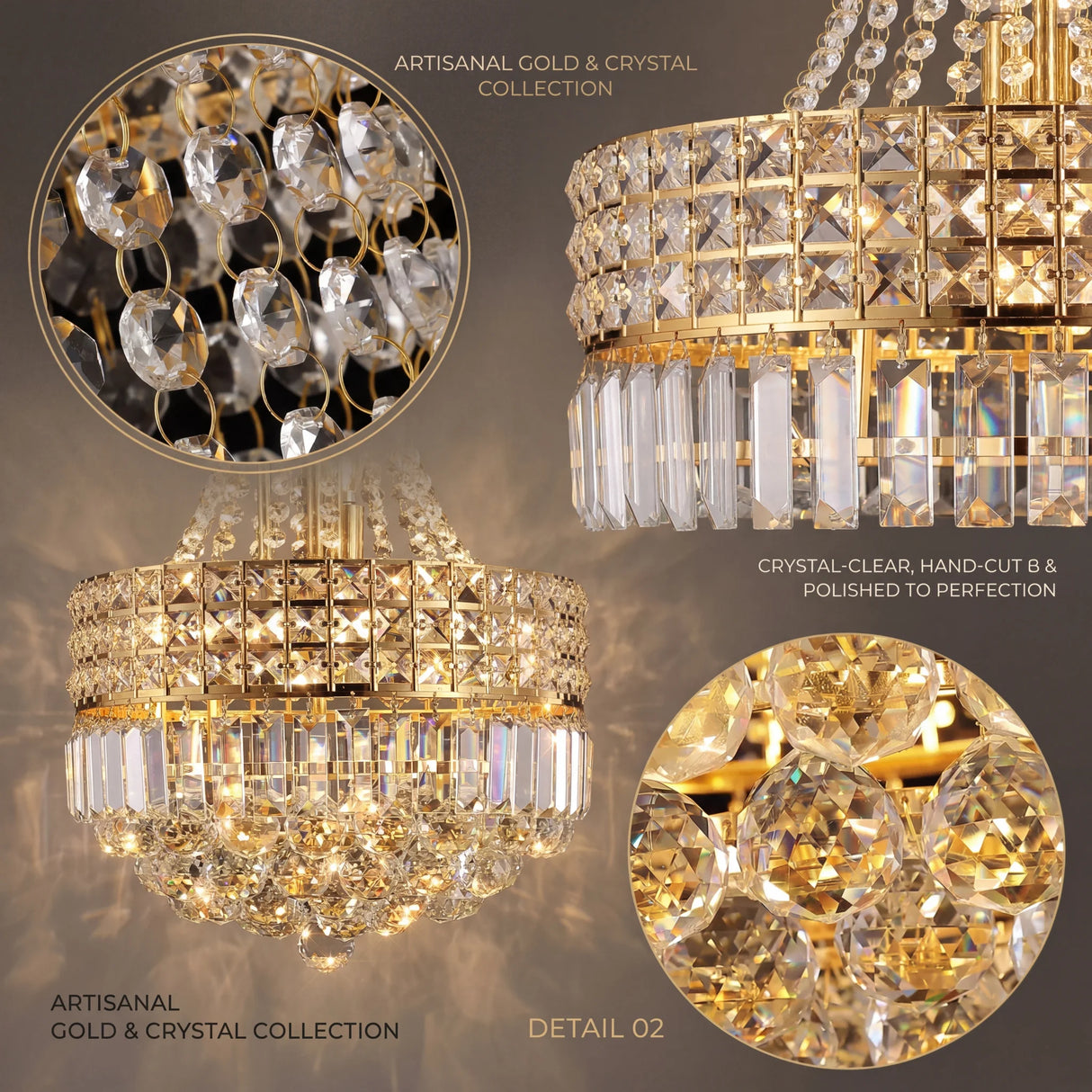 Modern Gold Crystal Chandelier, Empire Style Dimmable K9 Crystal Pendant Light Adjustable Chain Hanging Lamp for High Ceiling Living Room Bedroom Dining Room Kitchen Island Hallway Staircase