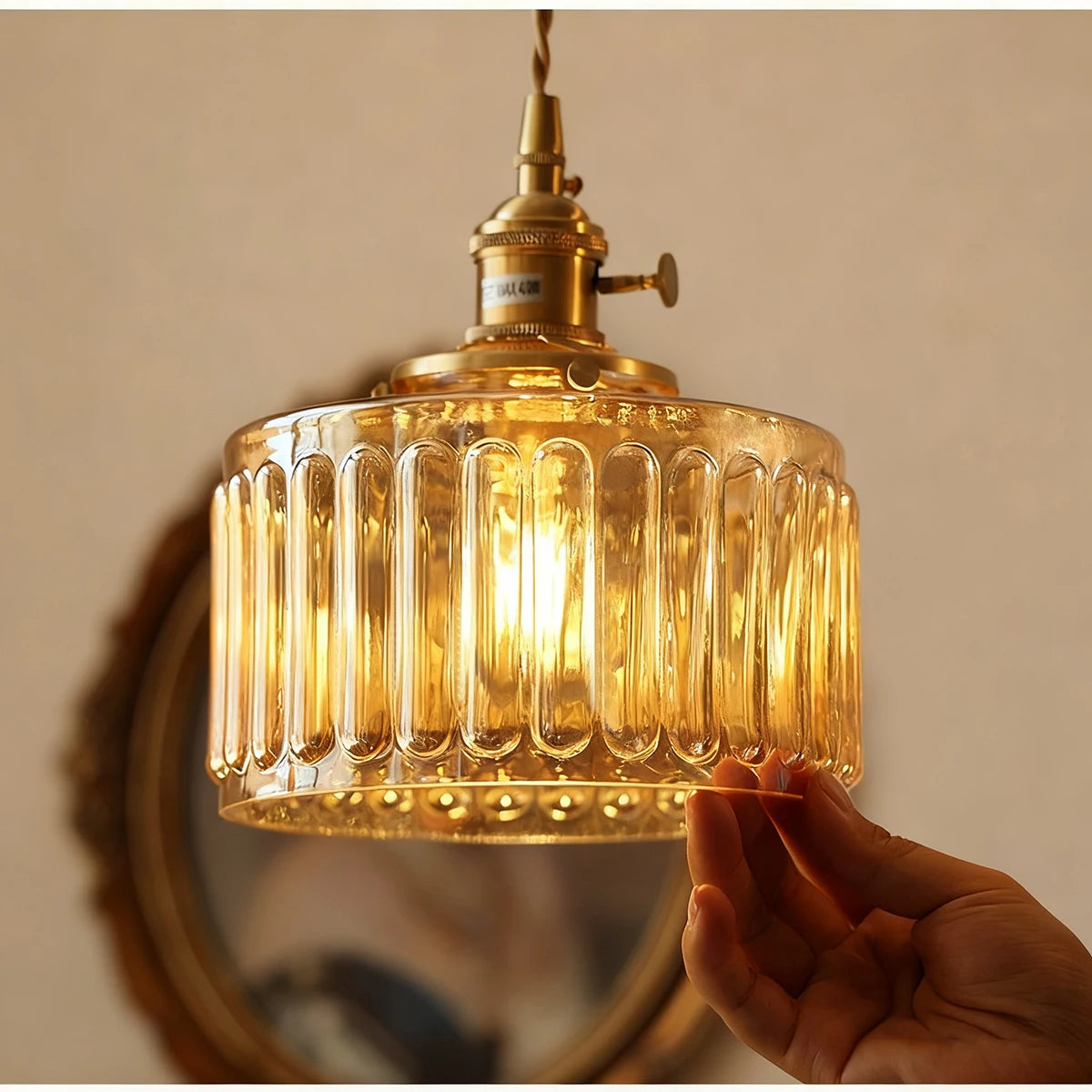 Vintage Amber Glass Pendant Light - Retro Brass Adjustable Hanging Hanging Lamp