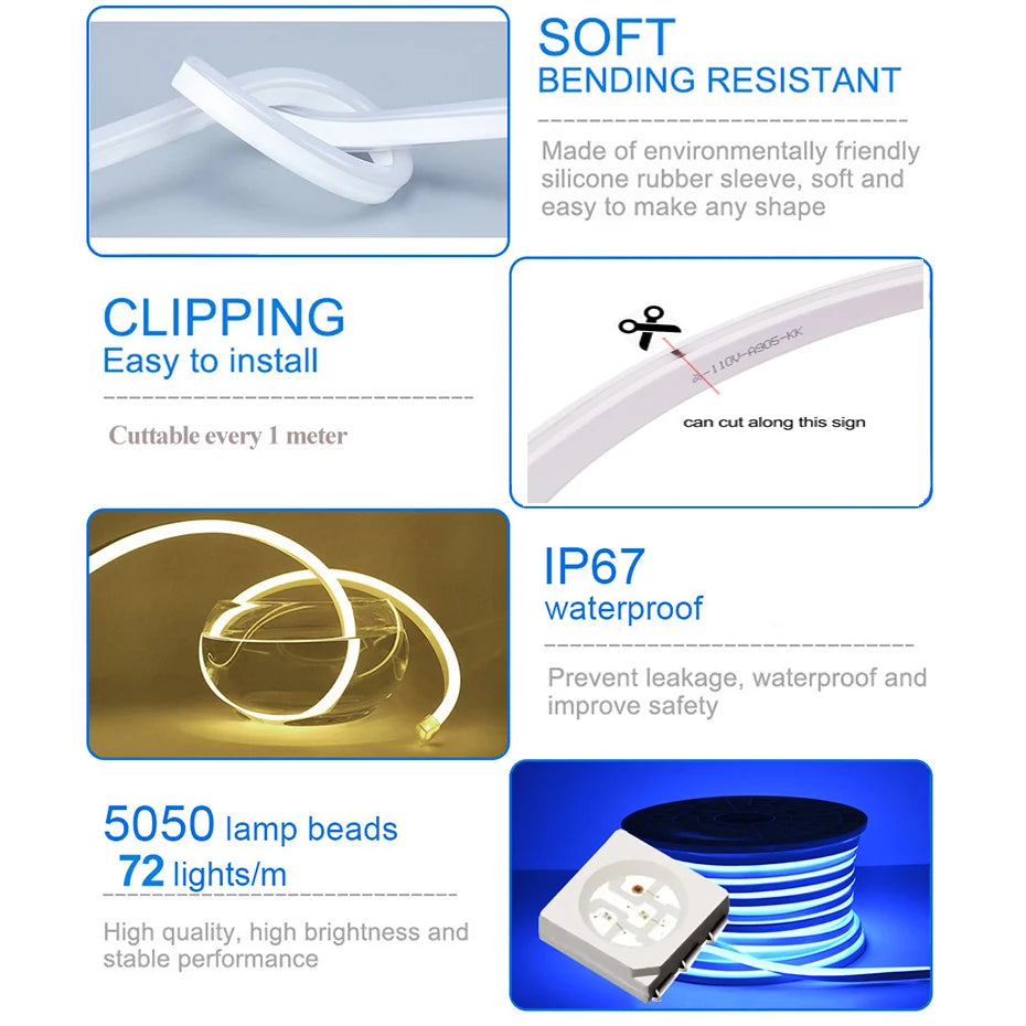 RGB Smart LED Neon Strip Light 220V - Waterproof Flexible Ribbon Tape