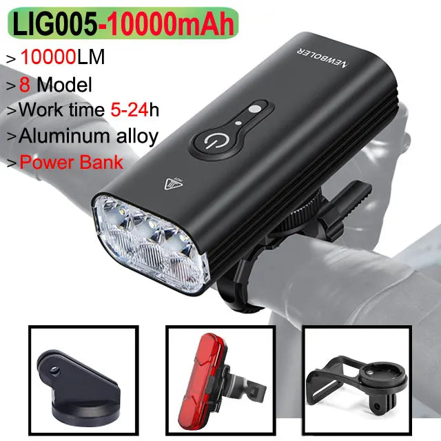 10000mAh Smart Bicycle Front Light (10,000 LM, USB-C) - Waterproof High-Lumen Headlight for MTB & Road Cycling