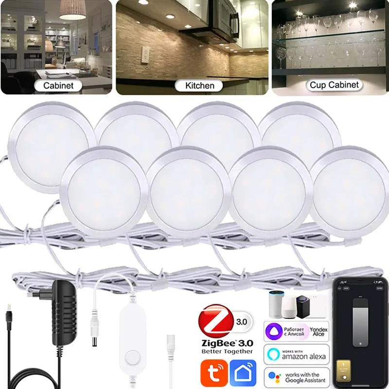 Zigbee3.0 DC12V Round Cabinet Lamp White 3000K/6000K Dimmable Timer Closet Shelf Tuya APP Voice Control for Alexa Google 2-9Pcs