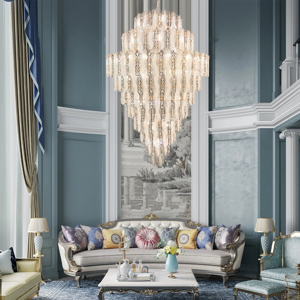 Luxury Large Crystal Chandelier High Ceiling Vila Living Room Rose Gold Crystal Pendant Lights Chandeliers Vintage Lighting Lamp