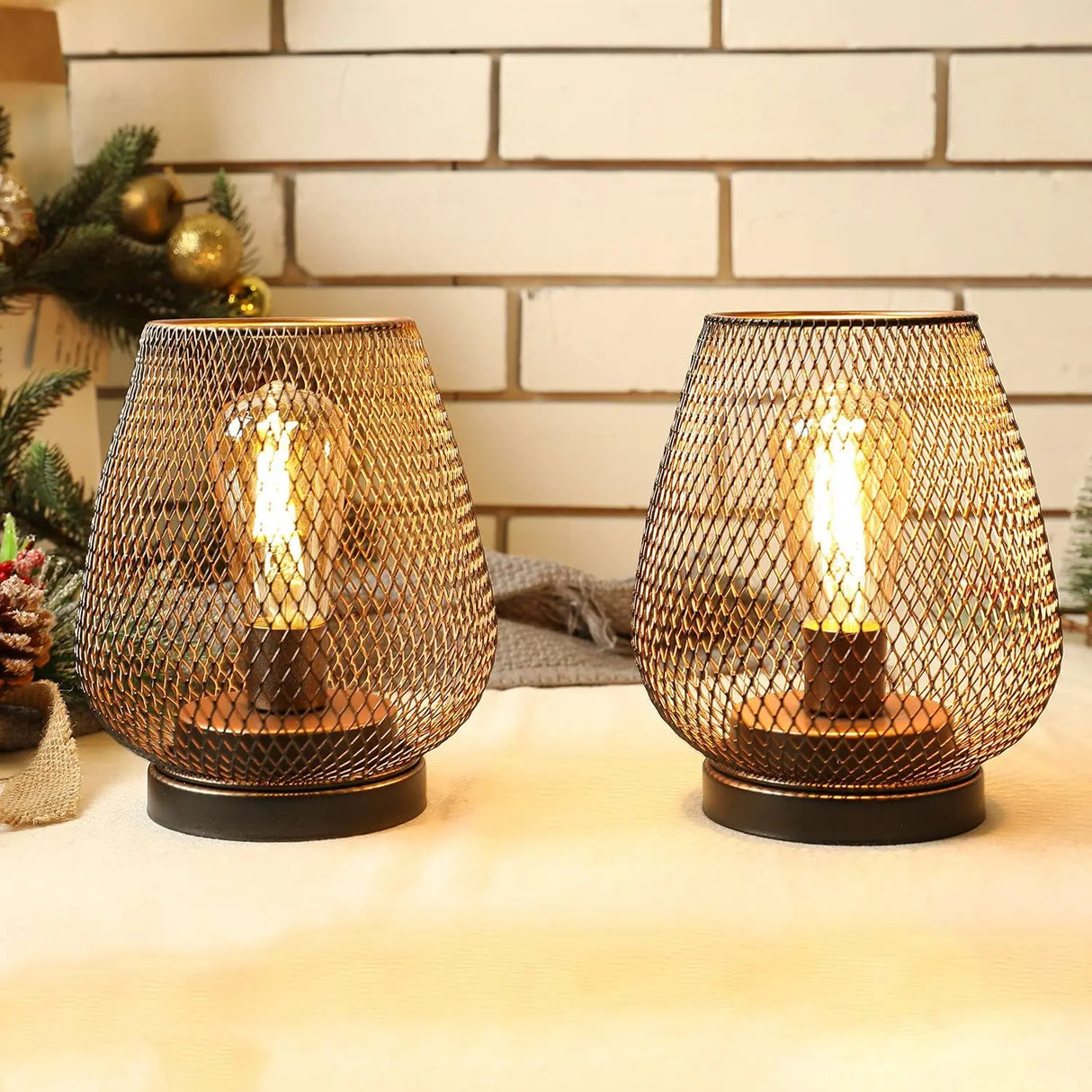 Set of 2 Bedside Lamps Battery Powered, Table Lamp 17cm High Vintage Cage Battery lamp for Living Room Bedroom Home