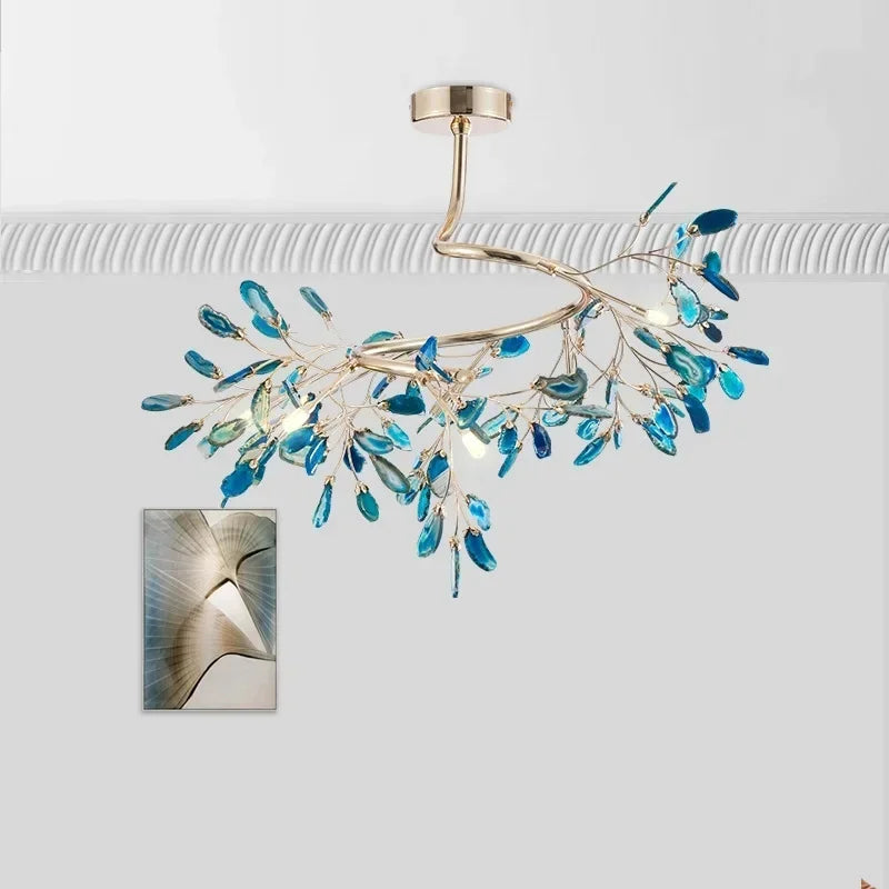 Modern Colorful Agate LED Ceiling Chandeliers Lighting Romantic Leaves Shape Pendant Lamp Living Dining Room Bedroom Decor Light