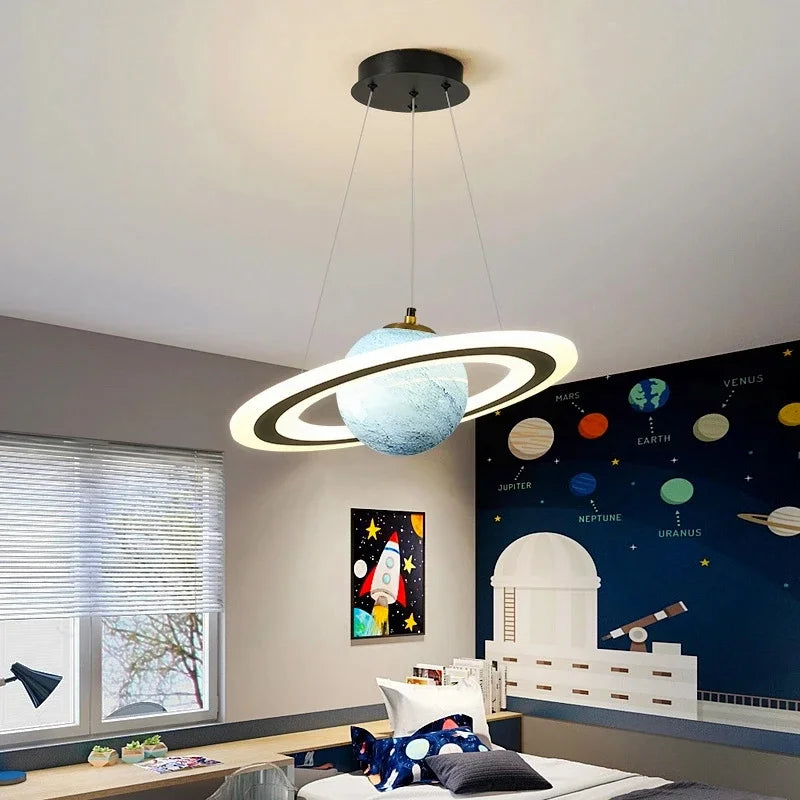 Modern LED Acrylic Planet Pendant Light Children Room Space Star Chandeliers Living Bedroom Kitchen Indoor Hanging Lighting