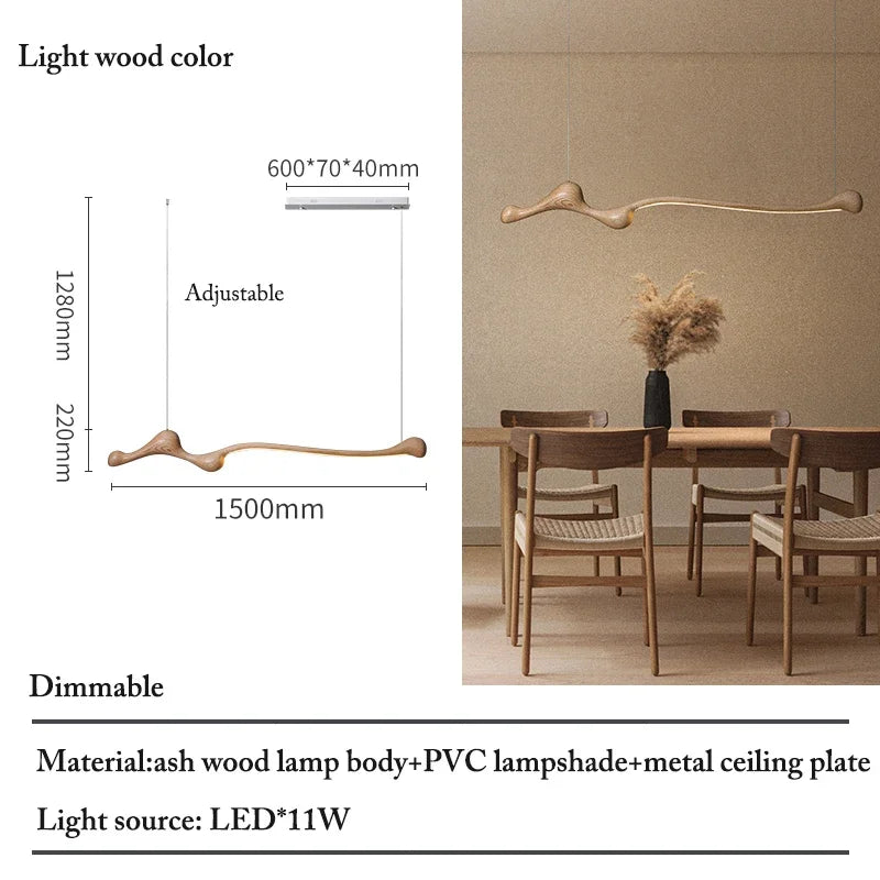 Linear Solid Wood Pendant Light with a Gentle Curve Dimmable LED Chandelier in 3 Wood Colors for Kitchen Island Dining Room