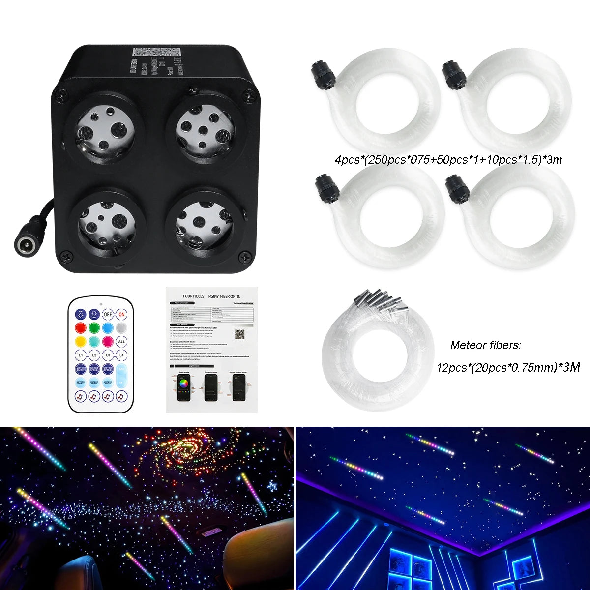 36W 4-Port RGBW Twinkle & Meteor Fiber Optic Kit - High Power Shooting Star Headliner Engine with App Control - Professional Car & Home Star Ceiling