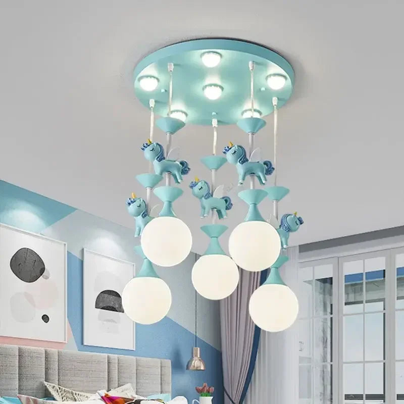 Children's Room Bedroom Pendant Light Eye Protection Cartoon LED Carousel Creative Pink Decoration Room Pendant Light