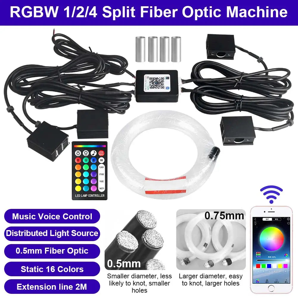 1/2/4 Split Fiber Optic Light Kit - RGBW Starry Sky Lamp with Bluetooth App & Music Sync - Distributed Ceiling Star Light for Car & Home