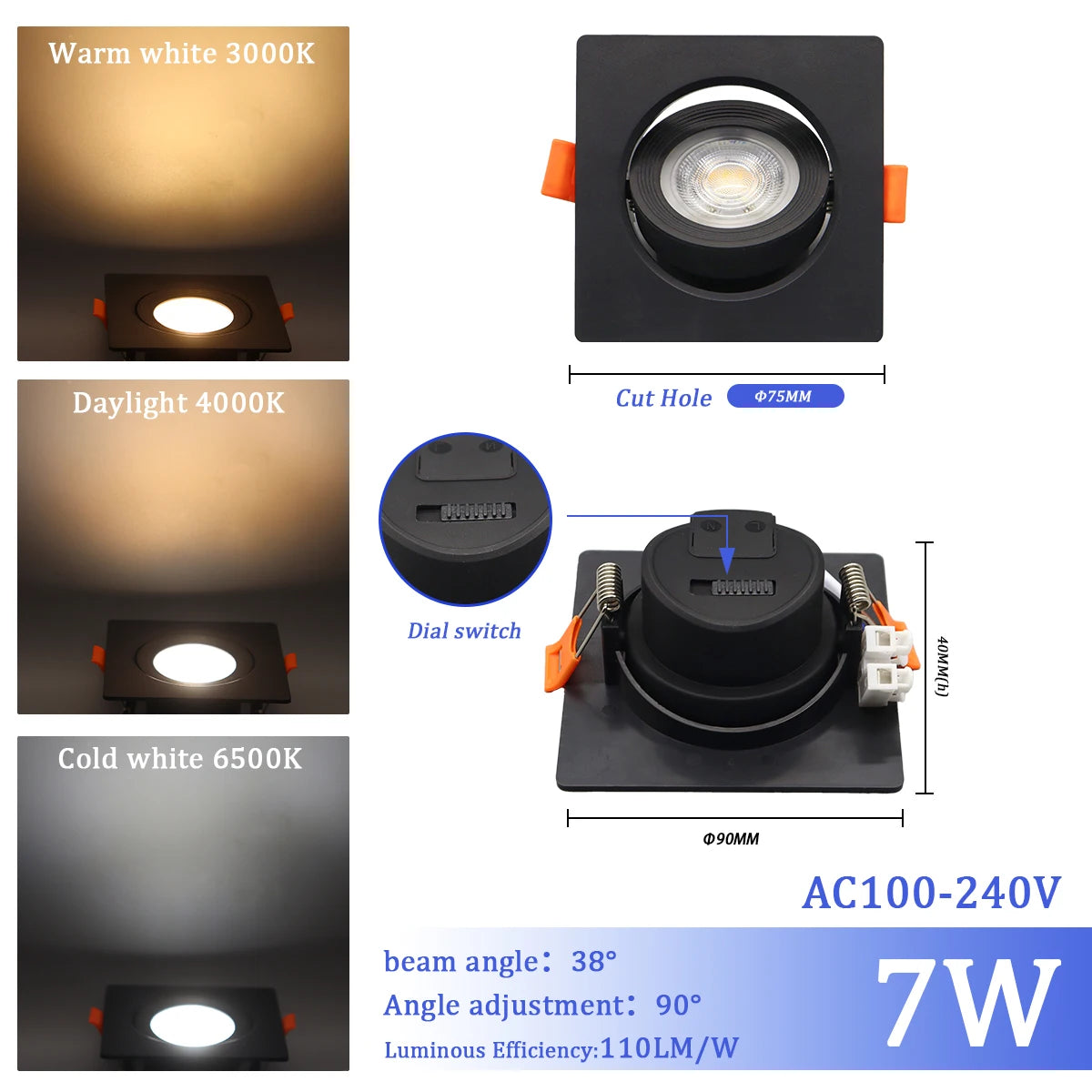 LED Change Color 3 CCT 3000K 4000K 6000K LED Ceiling Spotlight Embedded Light 7W AC 110V 220V Adjust 90° 1-10pcs Lighting Spot