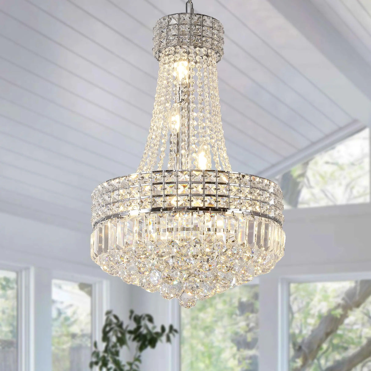 Chrome Modern Crystal Chandeliers Light Fixture,6-Light Empire Style K9 Crystal Chandeliers for Entryway