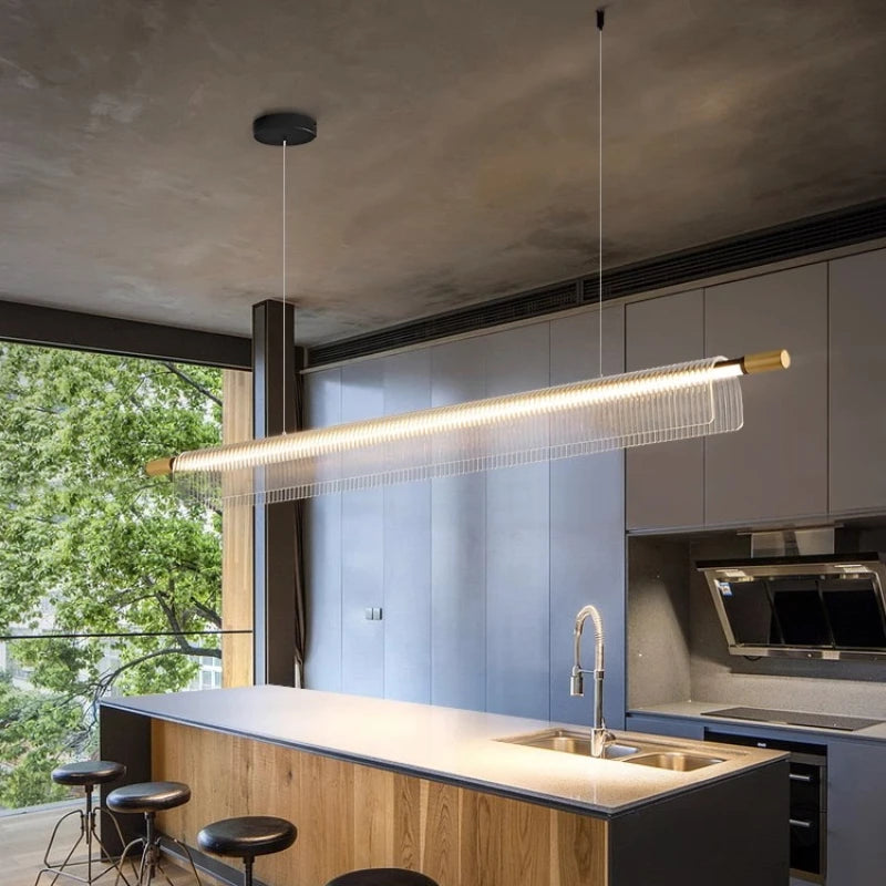 Simple Acrylic Linear LED Chandelier for Dining Table Kitchen Island Restaurant Bar Office Study Modern Iron Strip Pendant Light