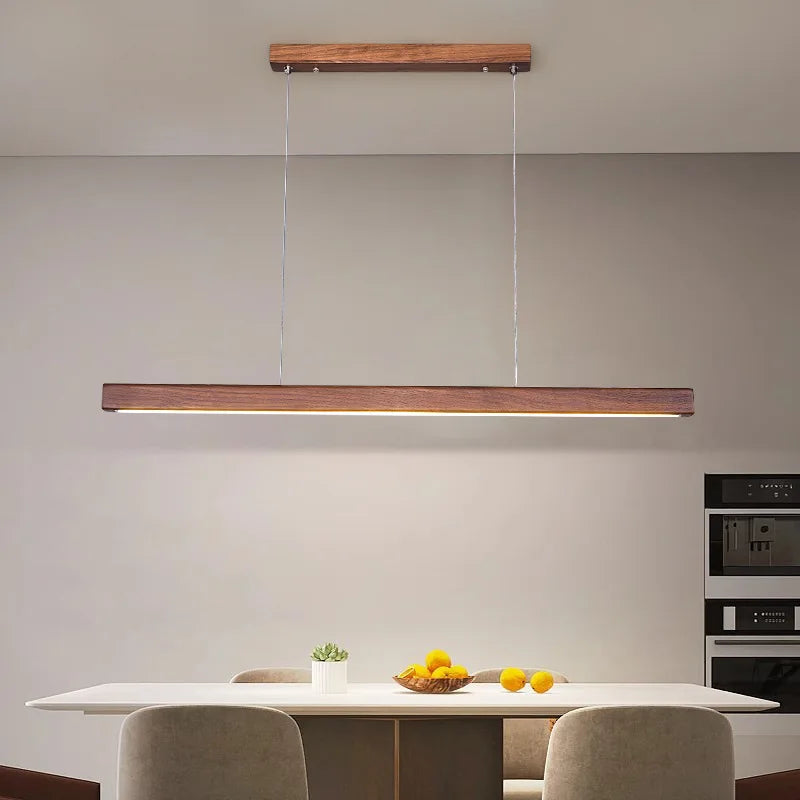 Wooden Living Restaurant Pendant Lamp Minimalist Walnut Wood Chinese Style Tea Room Bedroom LED Chandelier Straight Strip Light