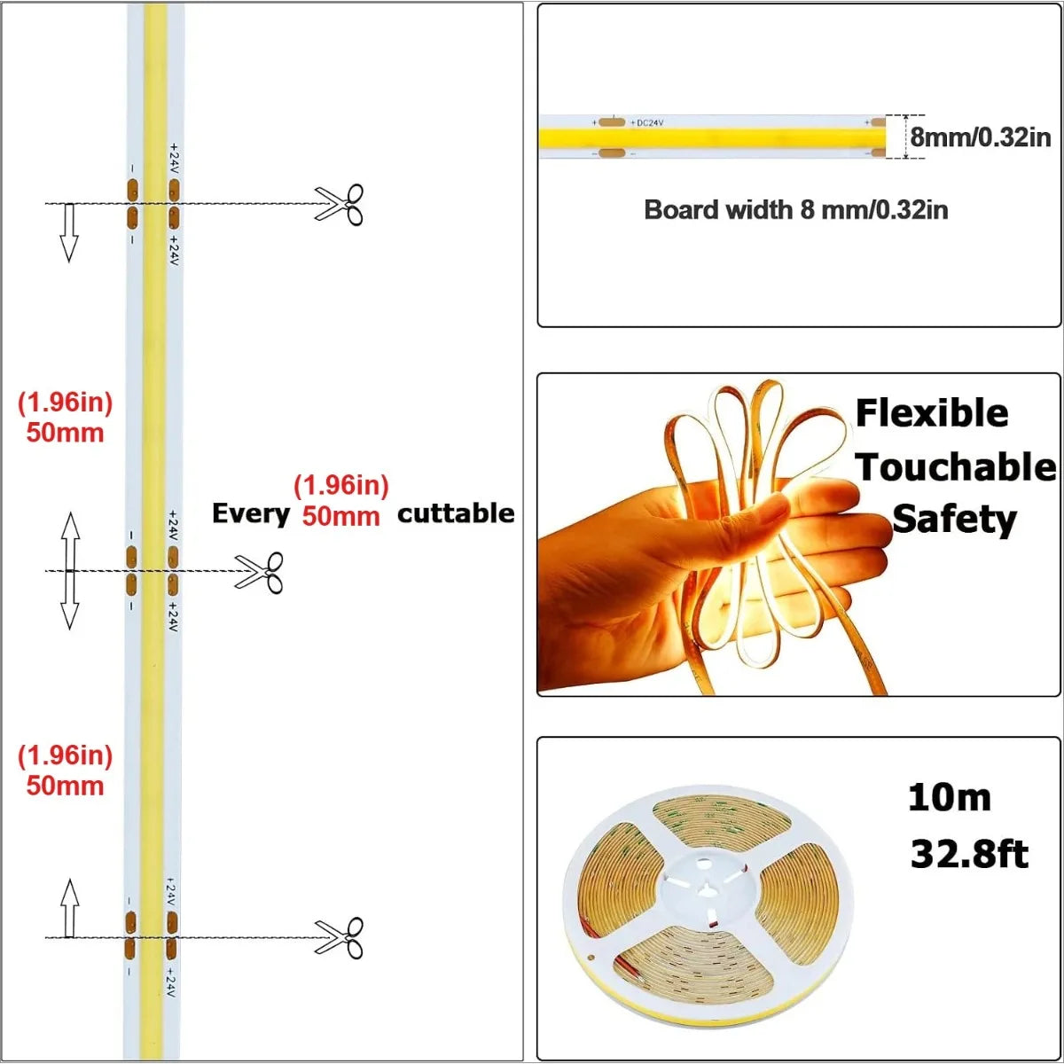 24V LED COB Free Cut Strip 5m 10m 312/576 LEDs Flexible Light Tape 3000K 4000K 6000K Bright Linear Lighting with Remote Control